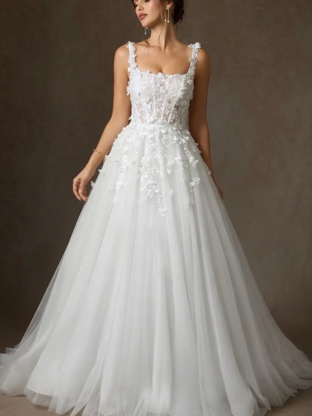 Azazie Sabine White Floral Appliqué Tulle Ball Gown
